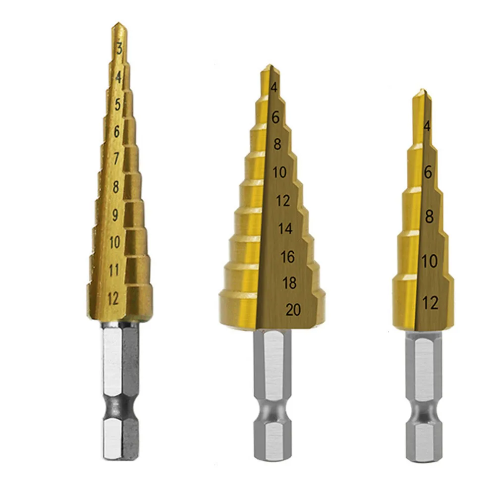 

3pcs 3-12mm 4-12mm 4-20mm HSS Straight Groove Step Drill Bit Set Titanium Coated Wood Metal Hole Cutter Core Cone Drilling Tools