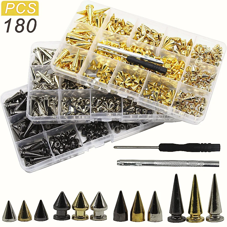180PCS Punk Buttons Rivets Set Cone Studs & Spikes for Clothes Screwback DIY Craft Punk Garment Rivets Leather Craft Handmade
180PCS Punk Buttons Rivets Set Cone Studs & Spikes for Clothes Screwback DIY Craft Punk Garment Rivets Leather Craft Handmade