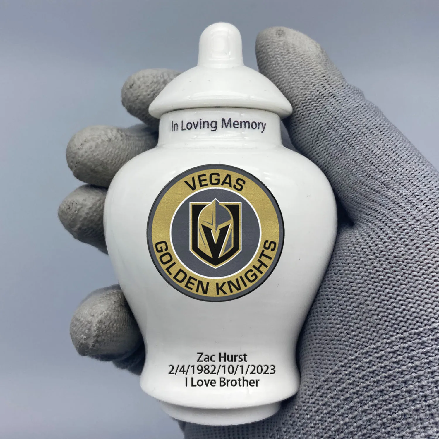 

Mini Urn for Vegas Golden Knights-Hockey themed Urn.Send me the name/date you want to appear on the urn by Remarks Message