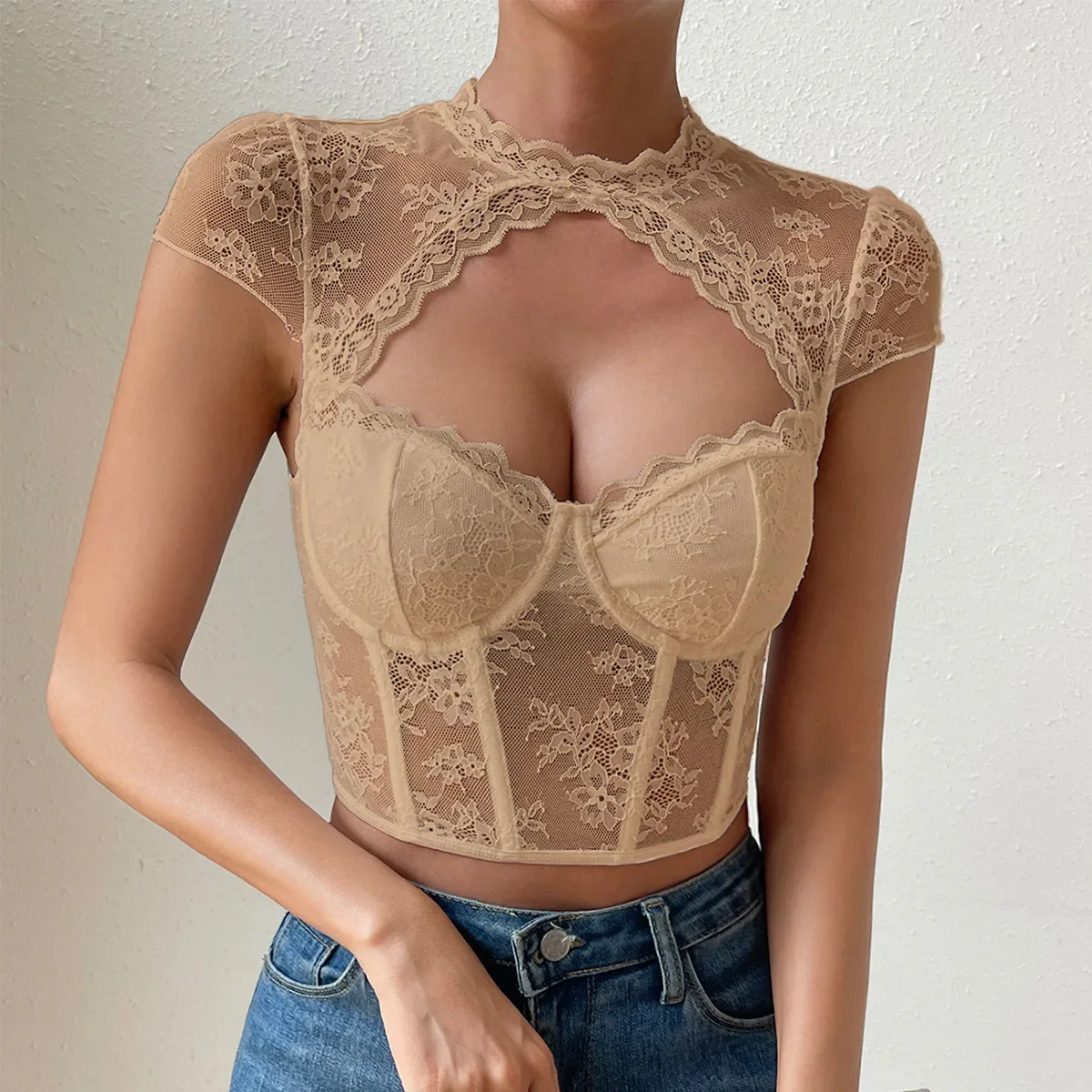 

Street Hipsters Short Sleeve Lace Teddy with Hollow Out Details Navel-Baring Cut Bra Top Tube Top Corset Top Bustier