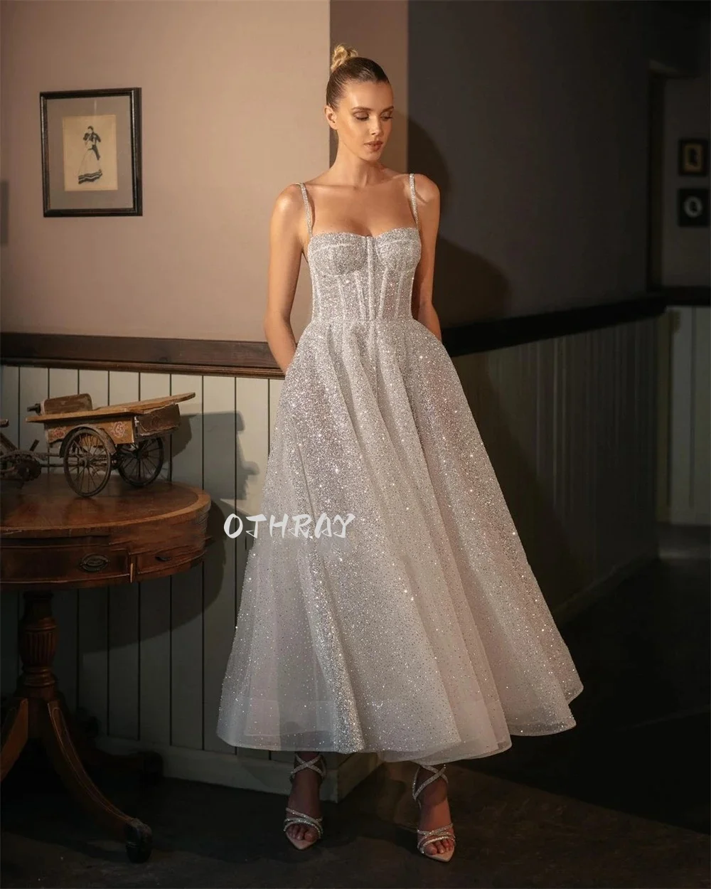 

OTHRAY Sequins Ankle-Length Shiny Graduation Dress Glitter A-Line Formal Prom Spaghetti Straps Sparkly Sweetheart Evening Gowns