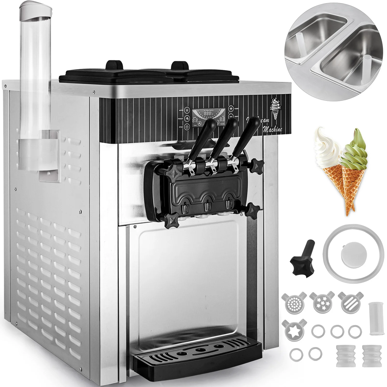 

Commercial Desktop Ice Cream Machine Stainless Steel Soft Serve with 3 Flavors for Restaurants Snack Bar 2200W