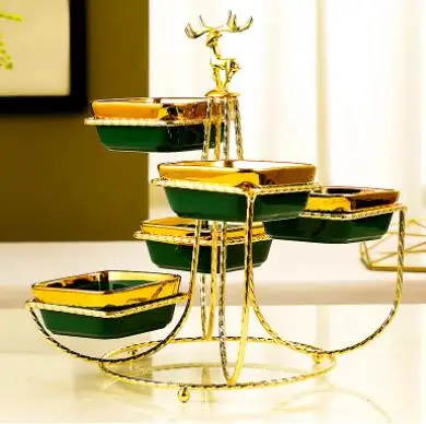 

Креативная керамическая темно-зеленая позолоченная бордюрная тарелка для закусок с металлической рамкой в виде оленя тарелка для фруктов для гостиной тарелка для конфет и десертов