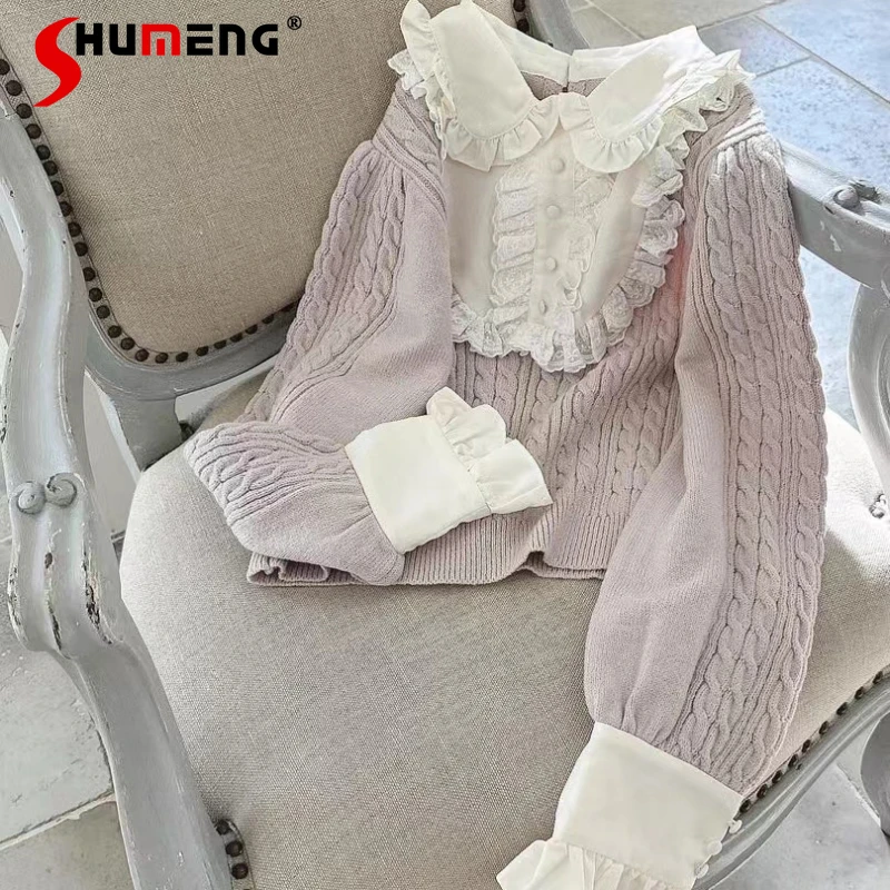 

Japanese Mine Sweet Girl Knitted Shirt Lolita 2024 Cute Long Puff Sleeve Stitching Sweater Tops for Women Fashion Elegant Blouse