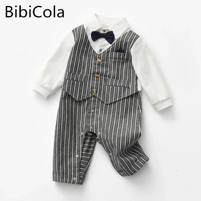 

Spring and Autumn Suit With Bow Kid Overall Set Infant Boy Jumpsuit Romper Clothes Set For Baby Boy With Bow Gentleman Striped