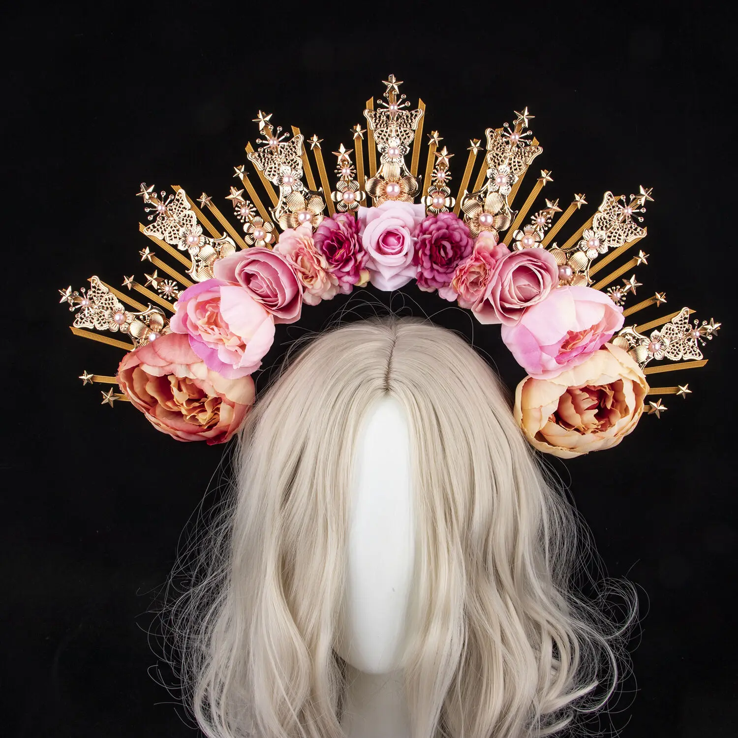 

Pink Rose Pearls Sun Crown Headpiece Gothic Lolita Baroque Butterfly Halo Headband Tiara Christmas Women Goddess Hair Accessory