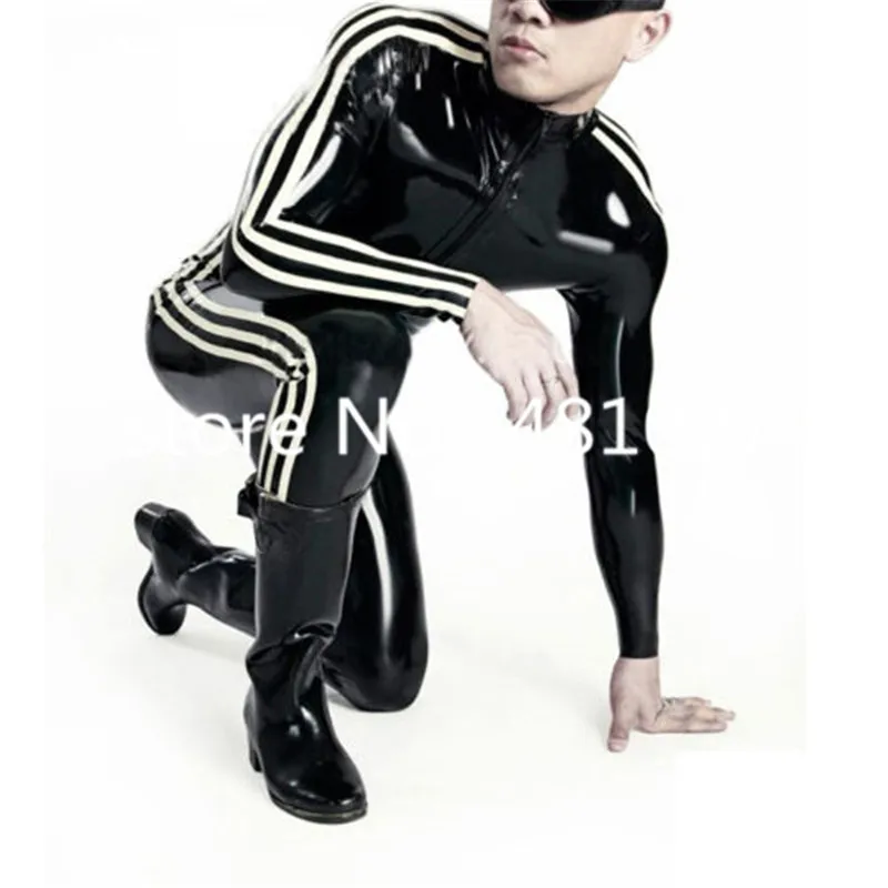 Black Latex Catsuit Man Rubber Bodysuits with White Strips No Socks Club Wear with Front Zipper
Black Latex Catsuit Man Rubber Bodysuits with White Strips No Socks Club Wear with Front Zipper