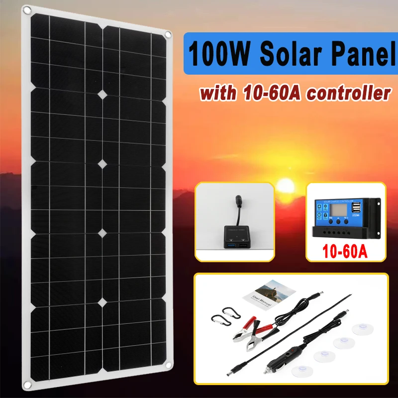 100W Solar Panel with 10A-60A Controller 66x28cm Portable Solar Emergency Generation System for Outdoor Mobile Battery Charging
100W Solar Panel with 10A-60A Controller 66x28cm Portable Solar Emergency Generation System for Outdoor Mobile Battery Charging
