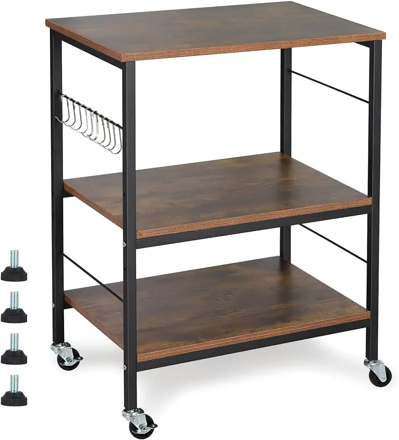 

Oven Stand Kitchen Baker's Rack End Table 3 Tier Storage Shelf with 10 Hooks for Living Room,Kitchen,Bathroom(Rustic Brown)