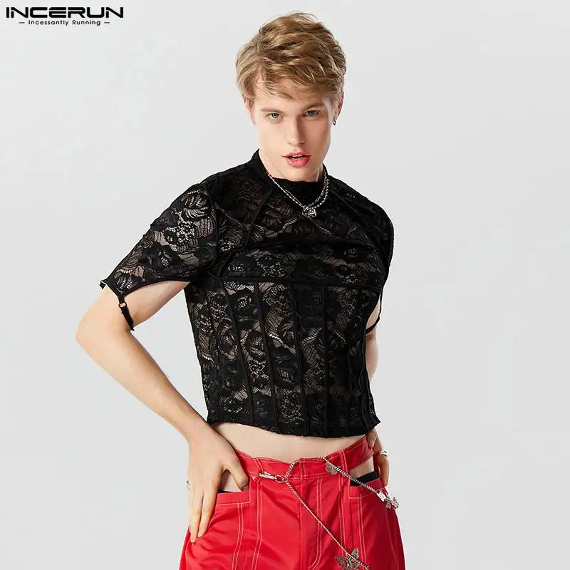 

Party Shows Hot Sale Tops INCERUN Men's Lace Printed Strap T-shirts Casual Cropped See-through Mesh Short Sleeved Camiseta S-5XL