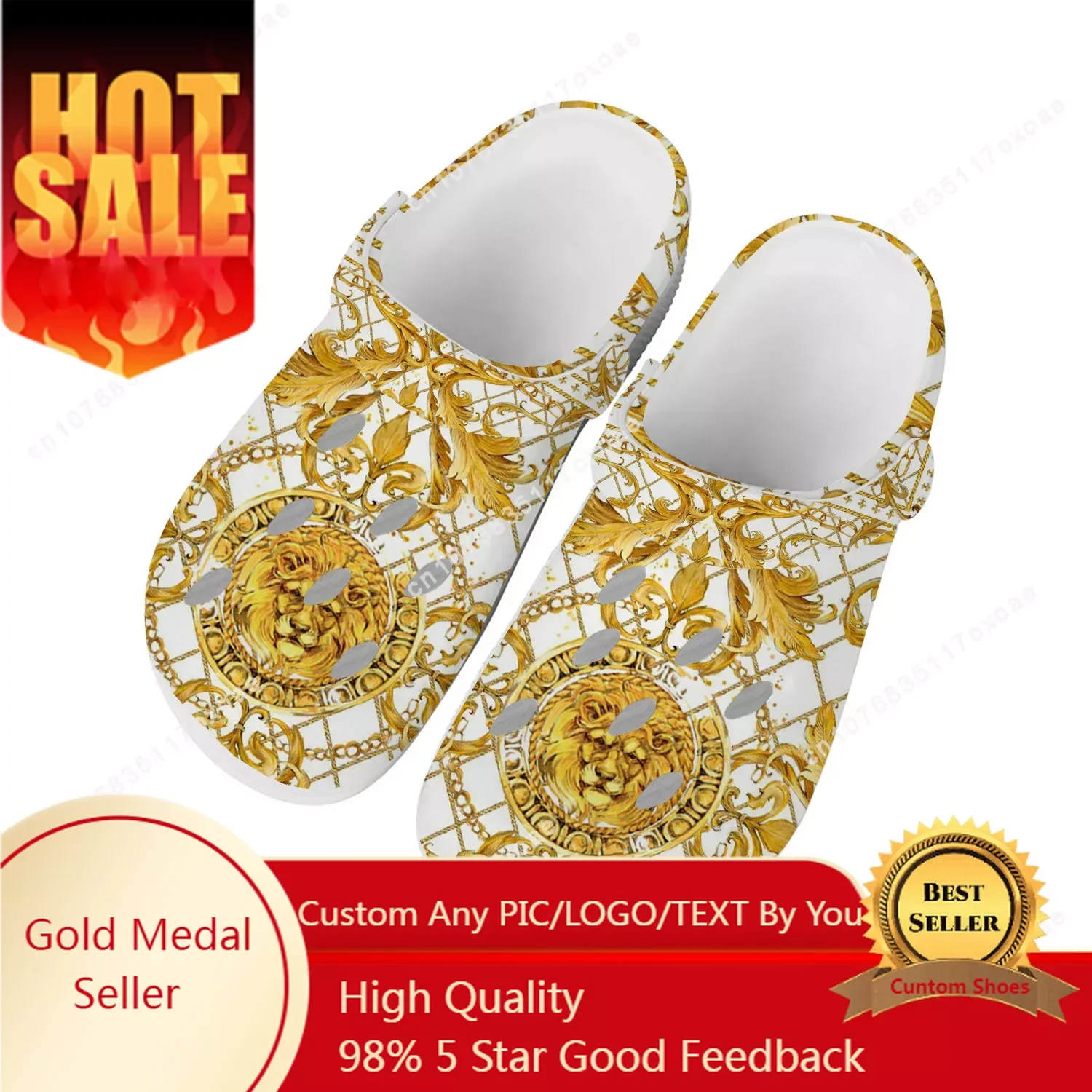 

Luxury Golden Floral Prints Home Clog Mens Women Youth Boy Girl Sandals Shoes Garden Custom Breathable Shoe Beach Hole Slippers