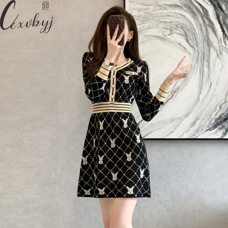 Knitted Vintage Dress V-Neck Women Print Single Breasted Sweater Party Dress Slim Waist Long Sleeve Elegant A-Line Dress S-XL
Knitted Vintage Dress V-Neck Women Print Single Breasted Sweater Party Dress Slim Waist Long Sleeve Elegant A-Line Dress S-XL