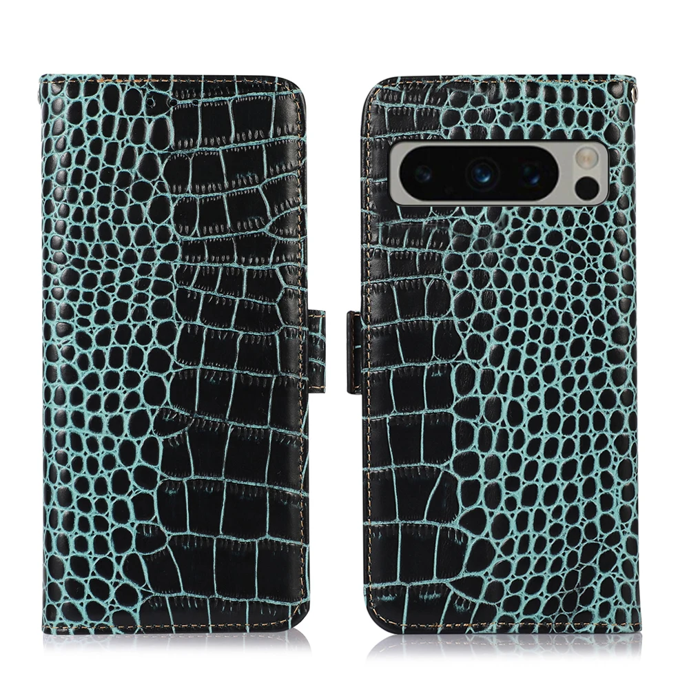 

Genuine Cowhide Leather Flip Case For Google Pixel 8 7 6 Pro 7A 6A Alligator Grain RFID Blocking Card Slot Magnetic Wallet Cover