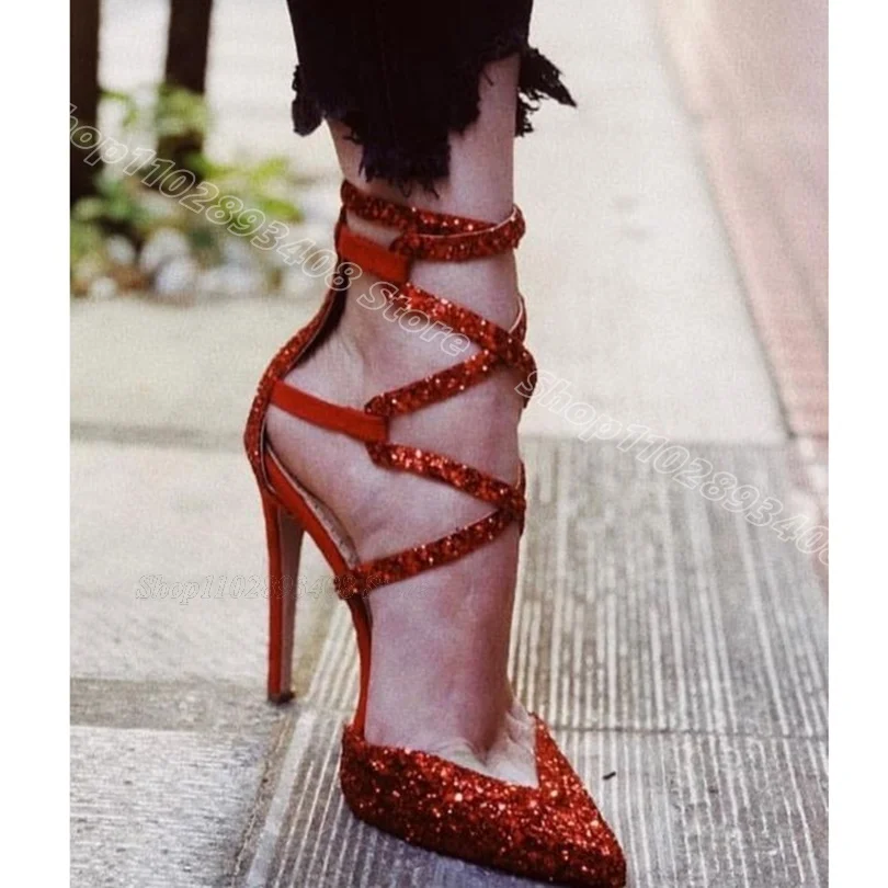 

Glitter Red Back Zipper Pumps Pointed Toe Stiletto Solid Fashion British Style Dress Party Women Shoes 2024 Zapatos Para Mujere