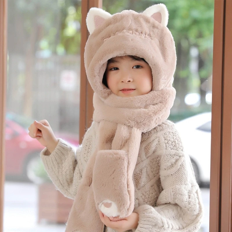 

Winter Warm Baby Kids Hat Gloves Scarf Combo Cute Cartoon Imitation Cashmere Ear Protection Beanie Collar Wamer Mittens