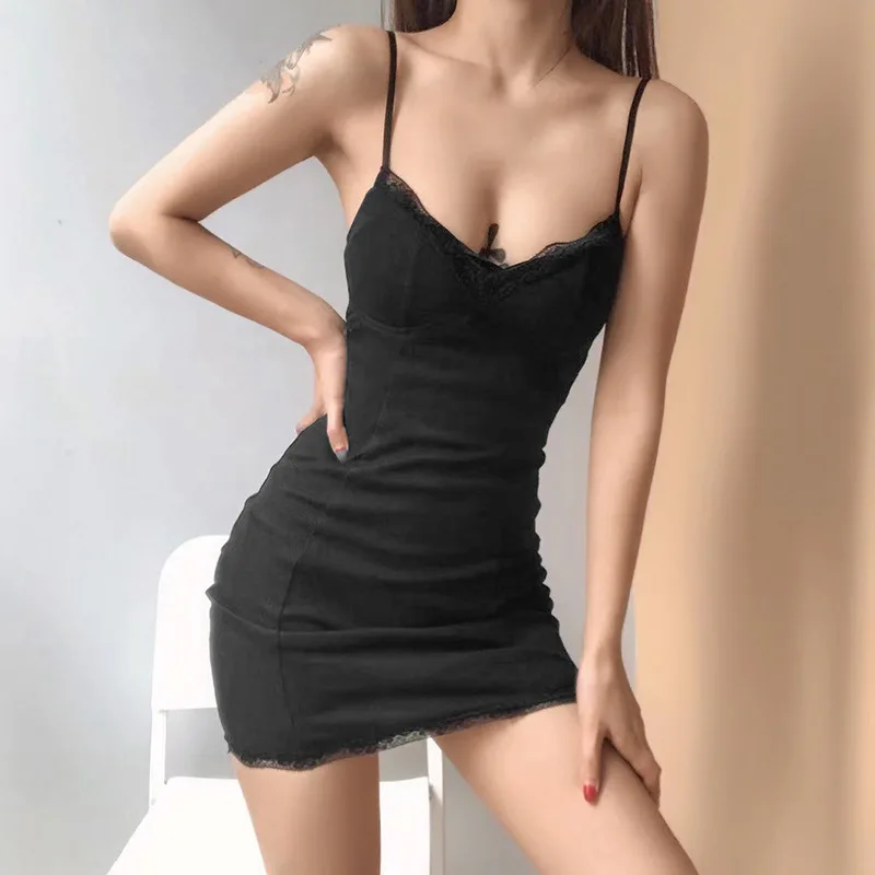 

2024 Fashion Sexy Black Lace Up V-Neck Slim Camisole Mini Dress Women Summer Casual Party Vacation Rib Knit Lady Dresses HMS21