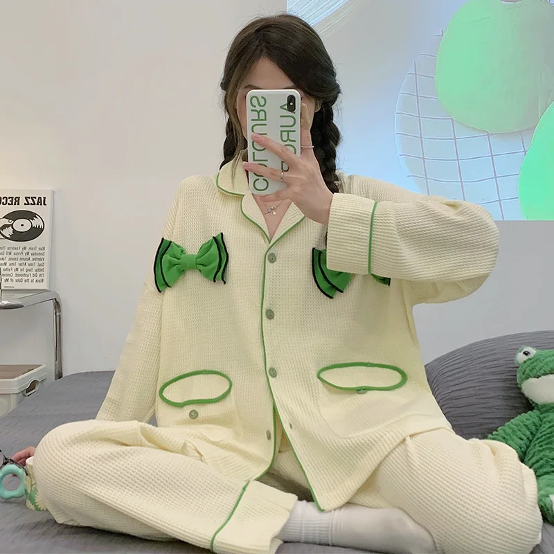100% Cotton Women's Pajamas Sets Autumn Winter Sleepwear Bow Pyjama Waffle Knit Cotton Ladies Pijama Mujer 2 Piece Pjs Homewear
100% Cotton Women's Pajamas Sets Autumn Winter Sleepwear Bow Pyjama Waffle Knit Cotton Ladies Pijama Mujer 2 Piece Pjs Homewear