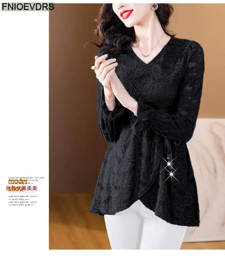 M-4XL Hollow Out Lace Shirts2023 Women European Style Office Lady Drawstring Waist Bow Tie Thick Winter Tunic Peplum Top Blouses M-4XL Hollow Out Lace Shirts2023 Women European Style Office Lady Drawstring Waist Bow Tie Thick Winter Tunic Peplum Top Blouses