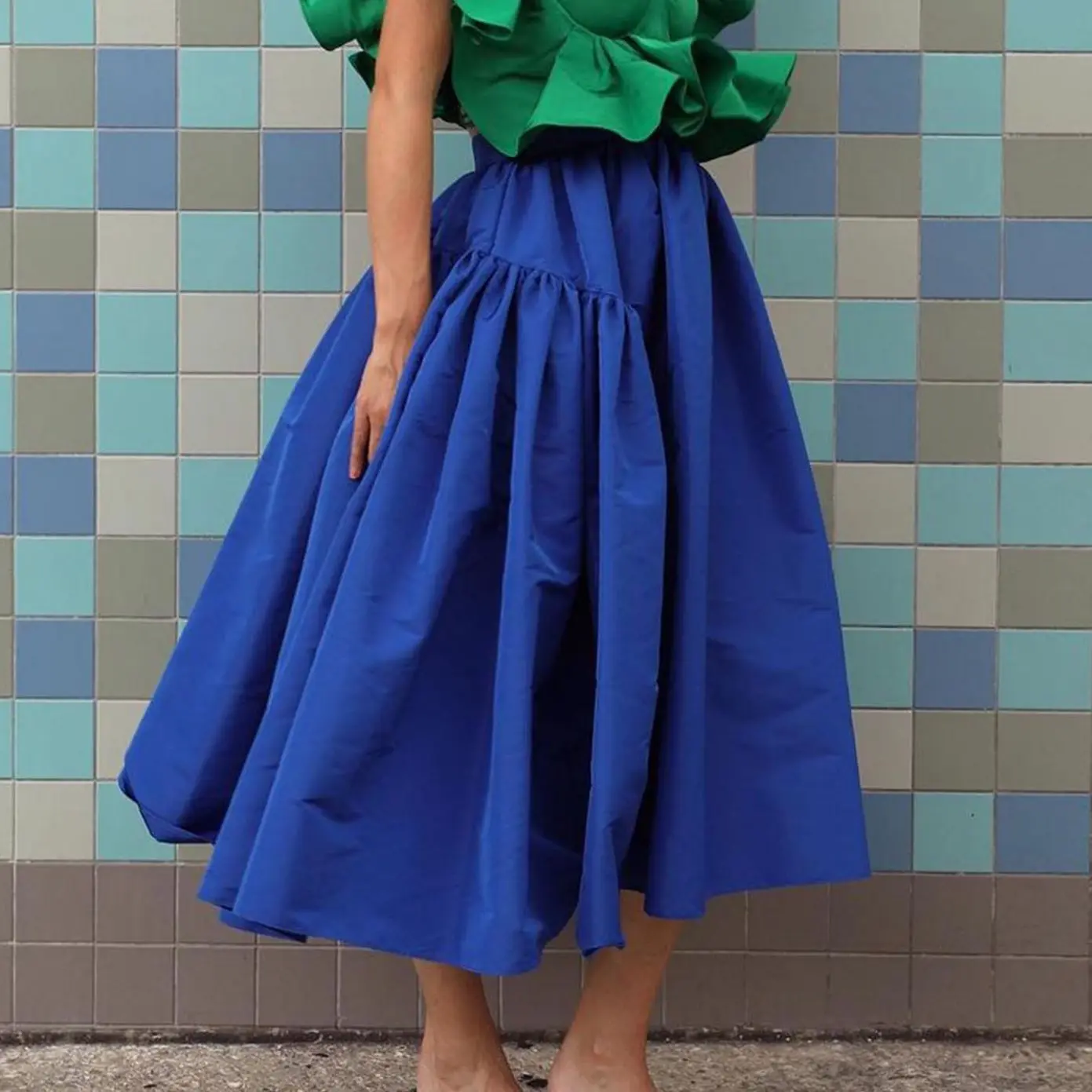 

Royal Blue Serge Skirt Elastic High Waist Skirt Pleated Long Chic Skirt Ruffles A-Line Mid-Calf Skirt Couture Women's Skirt
