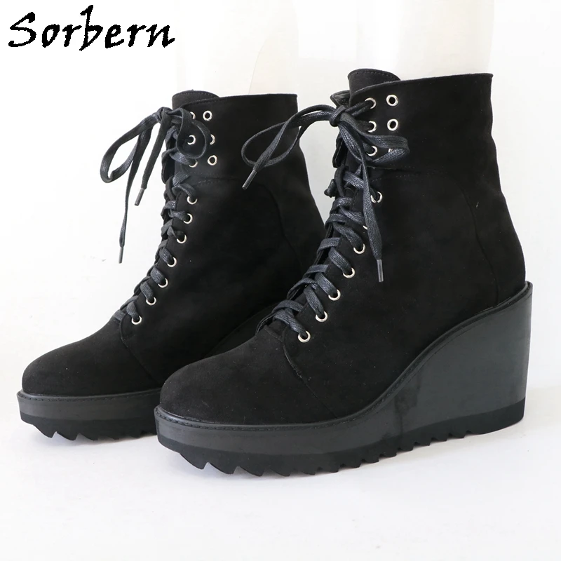 Sorbern Black Faux Suede Ankle Boots Women Comfortable Unisex Style Wide Wedge Waved Rubber Sole Short Booties Lace Up
Sorbern Black Faux Suede Ankle Boots Women Comfortable Unisex Style Wide Wedge Waved Rubber Sole Short Booties Lace Up