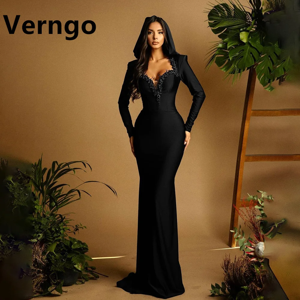 

Verngo Black Sequined Party Dresses Sweetheart Long Sleeves Mermaid Evening Dress Formal Dress For Women Satin Long Prom Gown