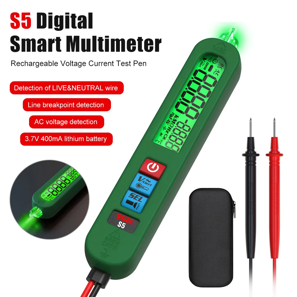 S5 Digital Smart Multimeter Rechargeable Voltage Current Test Pen with Backlight Live Wire Capacitor Ohm Diode Hz Voltage Meter
S5 Digital Smart Multimeter Rechargeable Voltage Current Test Pen with Backlight Live Wire Capacitor Ohm Diode Hz Voltage Meter