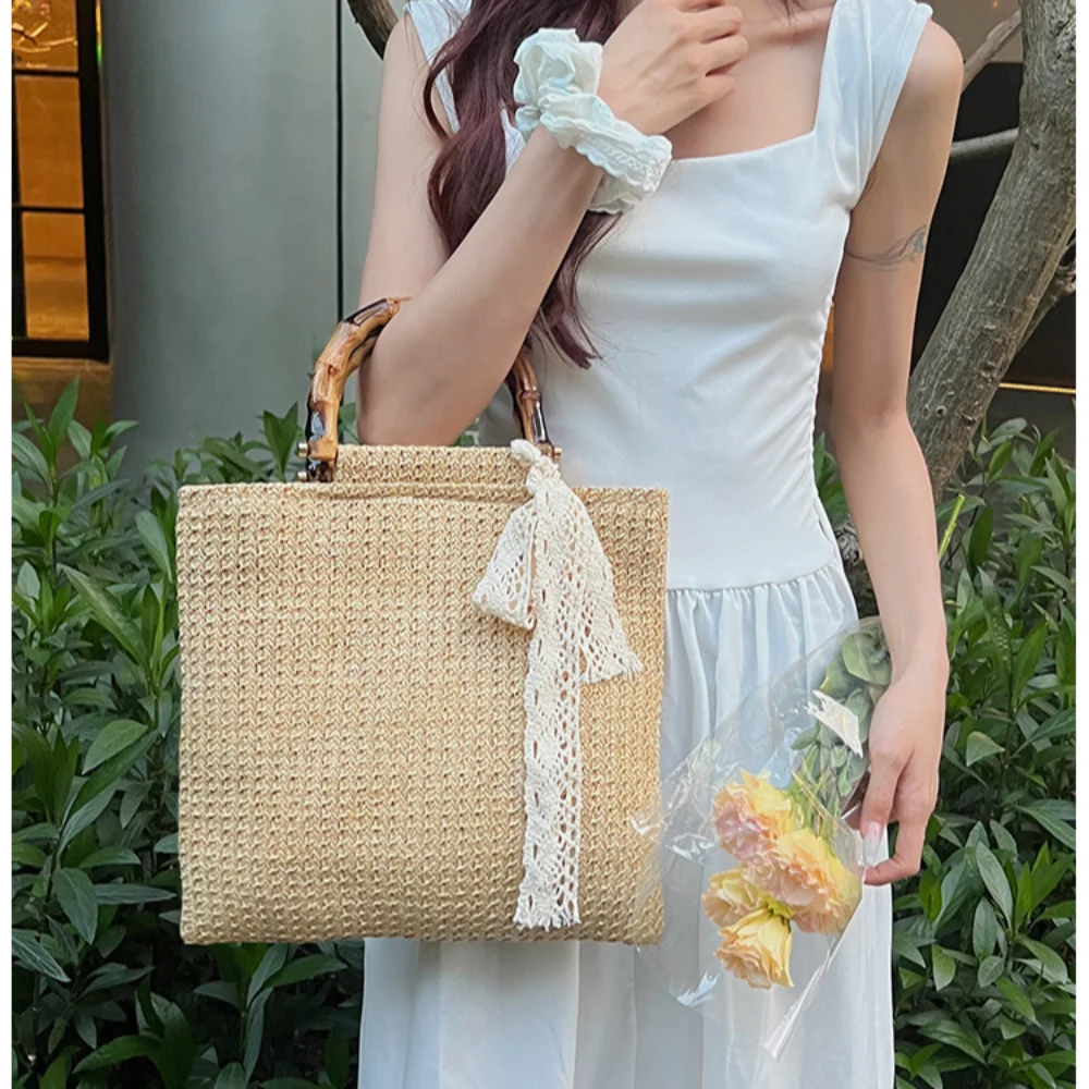 

Ribbon Summer Weave Bags High Quality Solid Color Soft Beach Straw Weaving Bag Top Handle Handbag