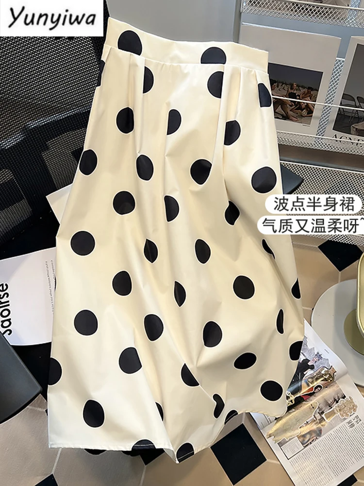 

Woman Skirts 2024 Polka Dots Printed Elegant Korean Fashion A-Line High Waist Summer Mid-Calf Skirt Simple A Line