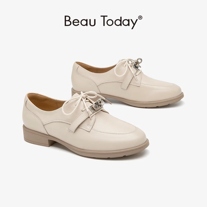 

Beautoday Derbys Women Genuine Cow Leather Lace-up with Metal Decoration Flats Round Toe Ladies Retro Shoes Handmade HW21371