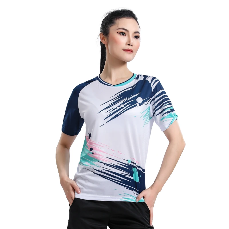 

Women Badminton Sport Shirts Ping Pong Table Tennis Patchwork Print Quick Dry Breathable Jersey Team Game Training Short Sleeve
