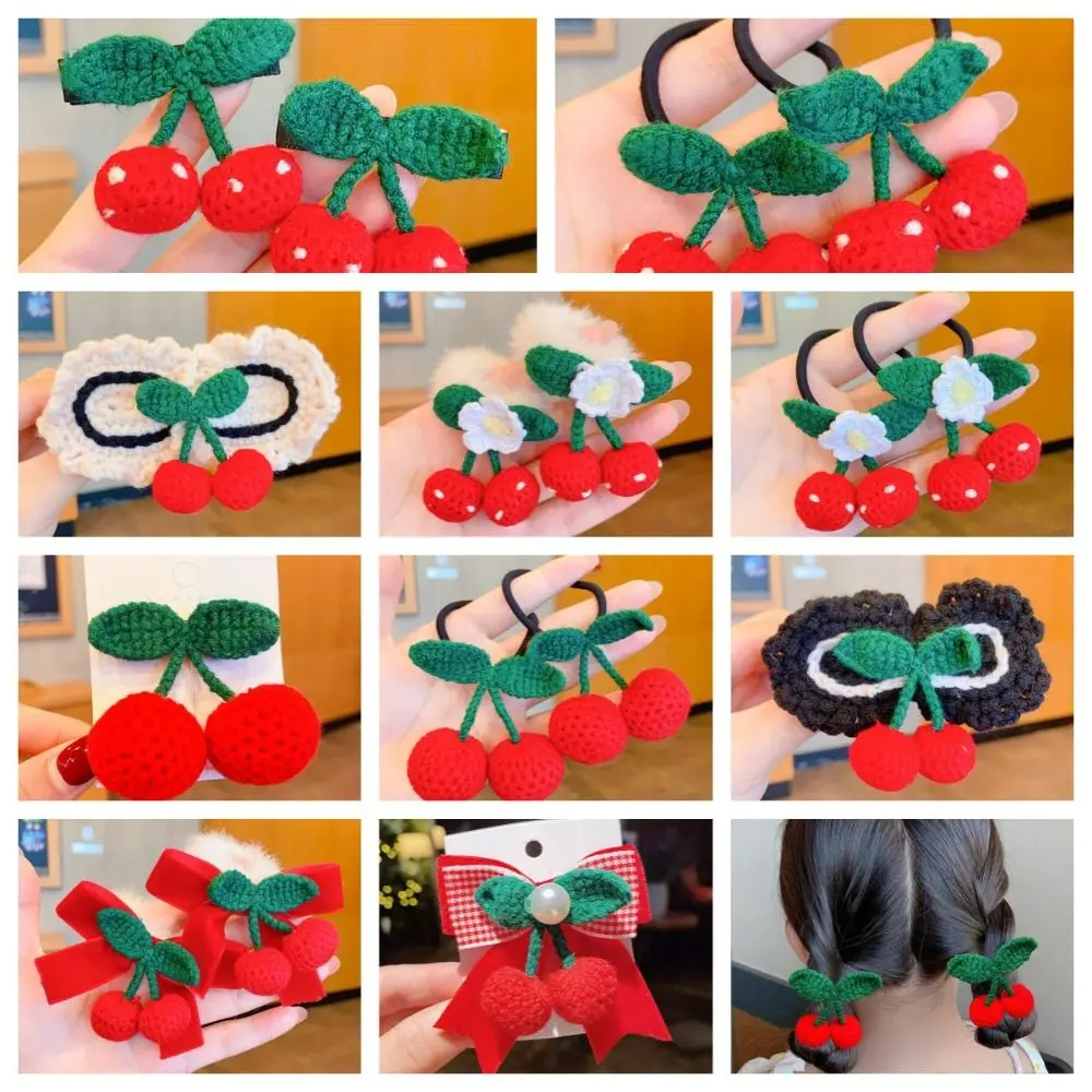 

Children Red Cherry Headdress Hair Clip Hairband Girls Cute Princess Hair Rope Clip Handwoven Woolen Hair Accessories