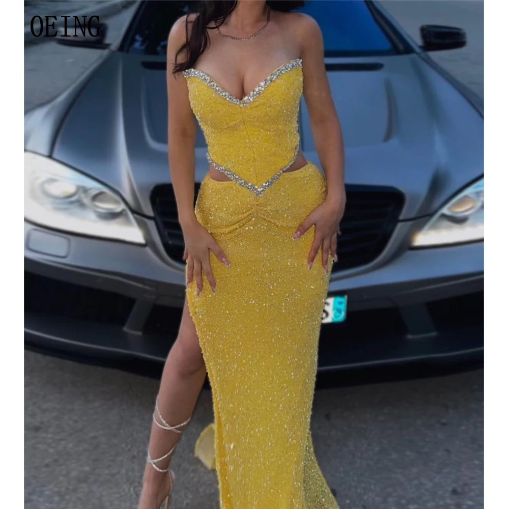

OEING 2024 New Arrival Evening Prom Gowns Strapless Yellow Side Slit Luxurious Gala Dress Sparkly Glitter Cocktail Party Dresses