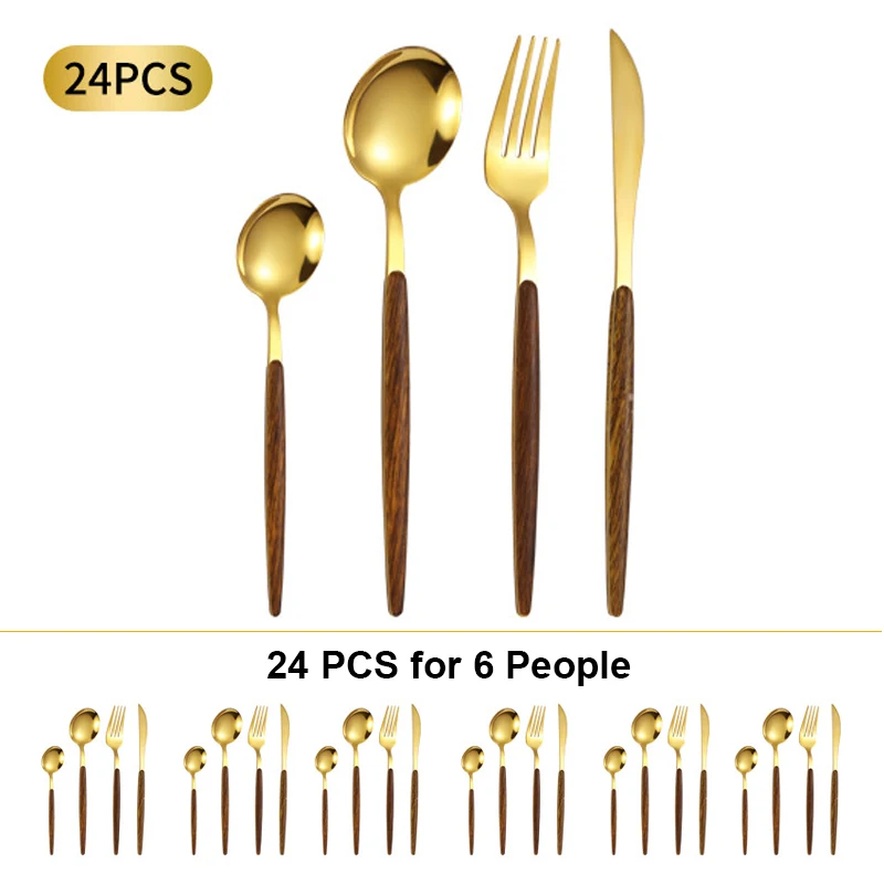 24pcs Golden Tableware Set Imitation Wooden Handle Cutlery Stainless Steel Flatware Fork Knife Spoon Dinnerware Silverware
24pcs Golden Tableware Set Imitation Wooden Handle Cutlery Stainless Steel Flatware Fork Knife Spoon Dinnerware Silverware