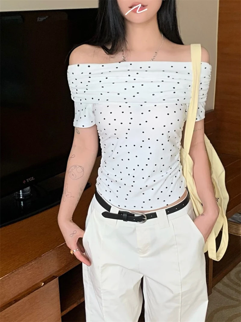 

Benuynffy Polka Dot Off Shoulder Tops for Women Fashion 2024 Summer Short Sleeve Crop Top Y2k Street Retro Slim-fit Blouses