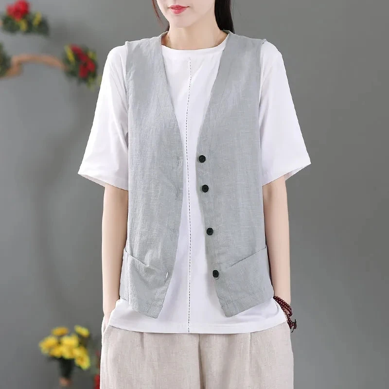 Жилет женский из хлопка и льна, тонкий Свободный Повседневный жилет в стиле ретро, с V-образным вырезом, без рукавов, весна-лето