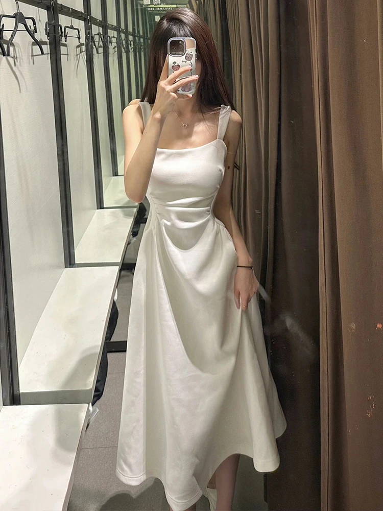 

Coigarsam Women's Dress 2024 French Style Flounced Solid Sleeveless Spaghetti Strap High Waist White Dresses