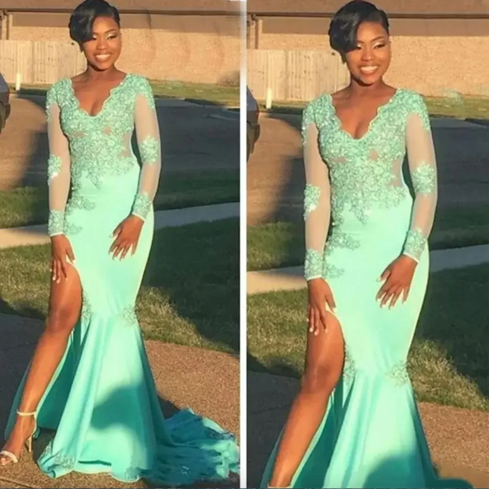New Mermaid V-Neck Long Sleeve Floor-Length Sweep Train Applique Elastic Satin long Split Illusion Prom Party Gown Custom
New Mermaid V-Neck Long Sleeve Floor-Length Sweep Train Applique Elastic Satin long Split Illusion Prom Party Gown Custom