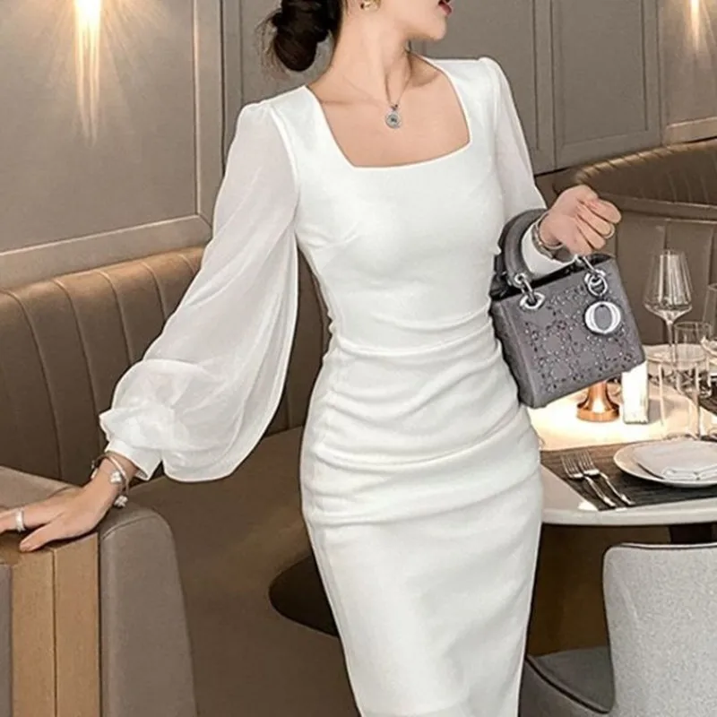 

Spring Autumn New Solid Color Women's Lantern Long Sleeve Square Collar Ruched Fashion Glamorous Zipper Pullover Fitted Dresses