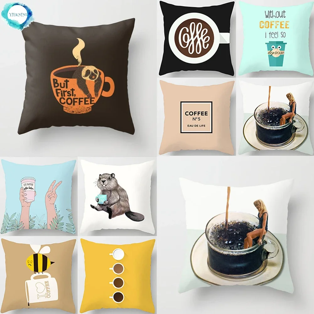 

Arr Cartoon Coffee Print Polyester Throw Pillow Case Cushion Cover Decorative for Home Sofa Chair Pillowcase Coffee Shop Decor