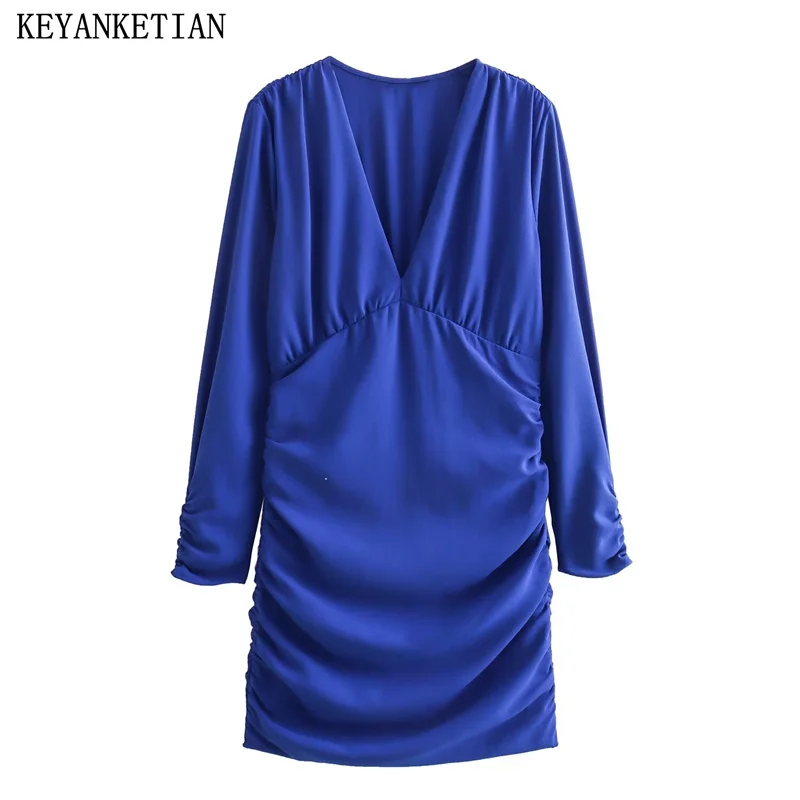 

KEYANKETIAN New Launch Women's Pleats Decoration Slim Sheath Dress Simply Stylish Royal blue Long Sleeve V-Neck Mini Skirt