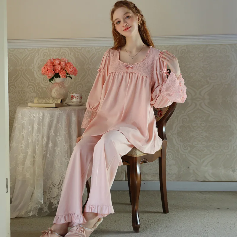 

Women's Pajama Sets Lace Cotton Long Sleeve Long Pants Pijama Home Wear Night Dress Sleep Shirts Woman Pyjama Sleepwear