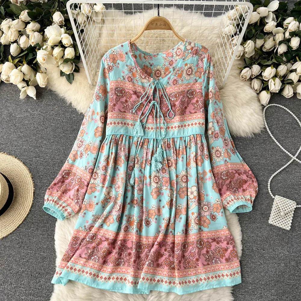 

2022 Spring New Design Bohemian Retro Pastoral Forest Tassel Loose Printed Long-sleeved Holiday Dress