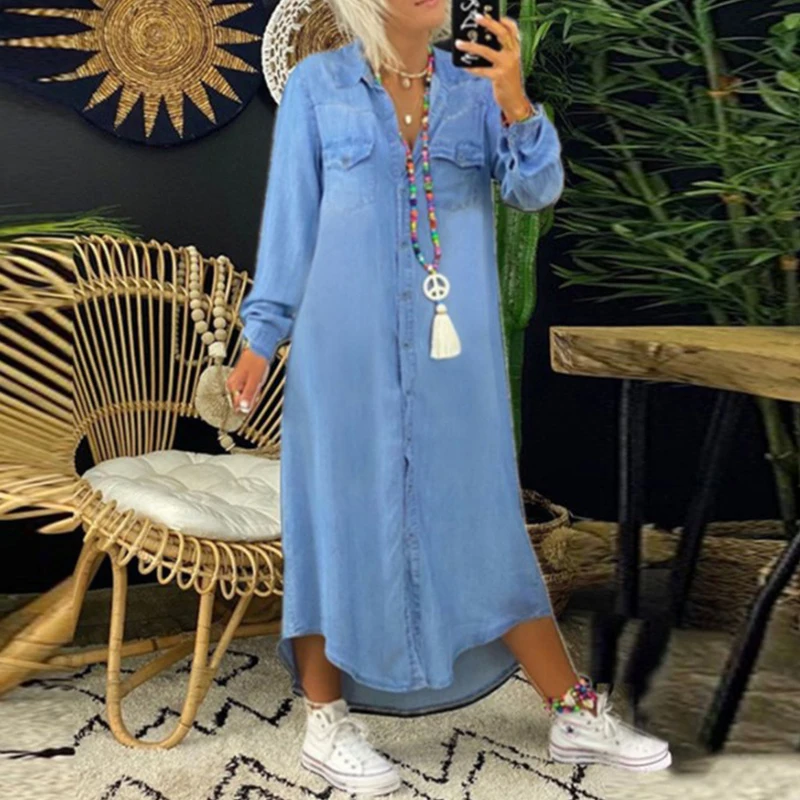 Spring Autumn Women's Turndown Collar Casual Denim Long Shirt Dress Elegant Long Sleeve Pretty Loose Dresses For Women
Spring Autumn Women's Turndown Collar Casual Denim Long Shirt Dress Elegant Long Sleeve Pretty Loose Dresses For Women