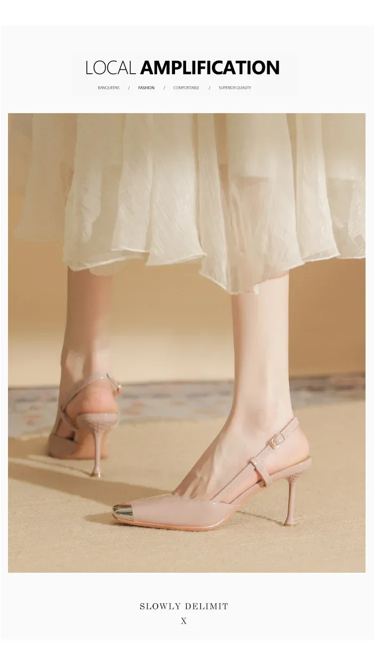 Fashion Square Toe Thin High Heels Women Metal Decoration Cover Toe Design Back Strap Patent Leather Heeled Sandals for Women 2 Sb11f41647a0d450f9e5f2a6c0683a8b7z