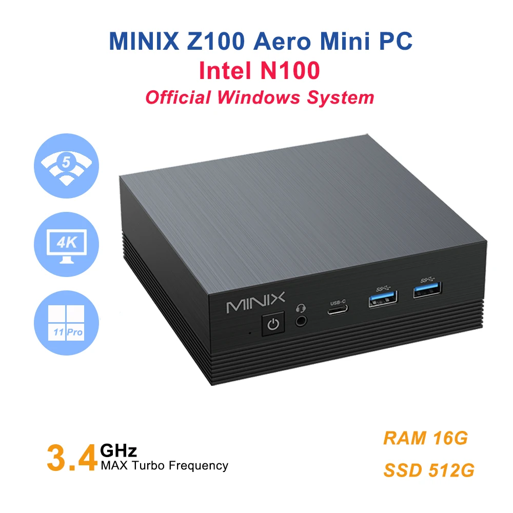 

MINIX Z100-Aero Intel N100 Mini Pc 16GB DDR4 512GB SSD Windows 11 Pro Wifi5 BT5.1 4K Triple Display/1GB+2.5G LAN/USB-A 3.2/USB-C