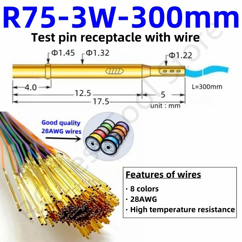 

R75-3W-300mm Brass Tube Receptacle For Spring Test Probe Test Pin P75-B1 P75-B Needle Sleeve Seat Dia 1.32mm 28AWG Wire PCB Test