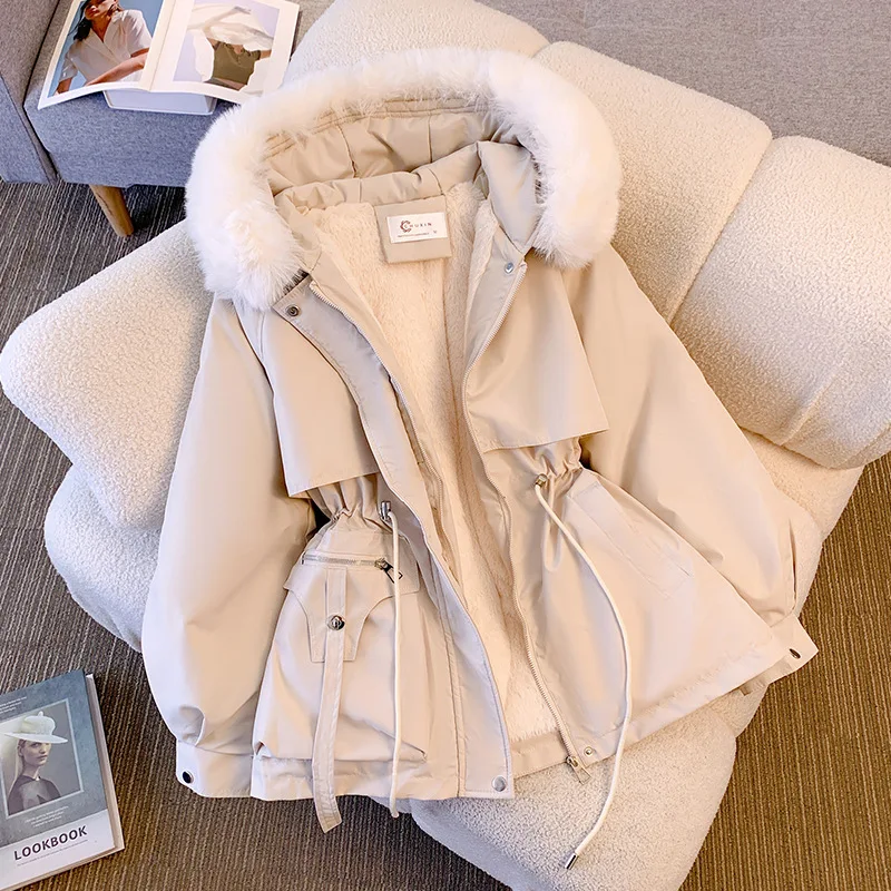 

Fleece Lined Hood Down Jacket Winter Coat for Women Warm Drawstring Korean Casual Streetwear Female Puffer Outwear Padded Parkas