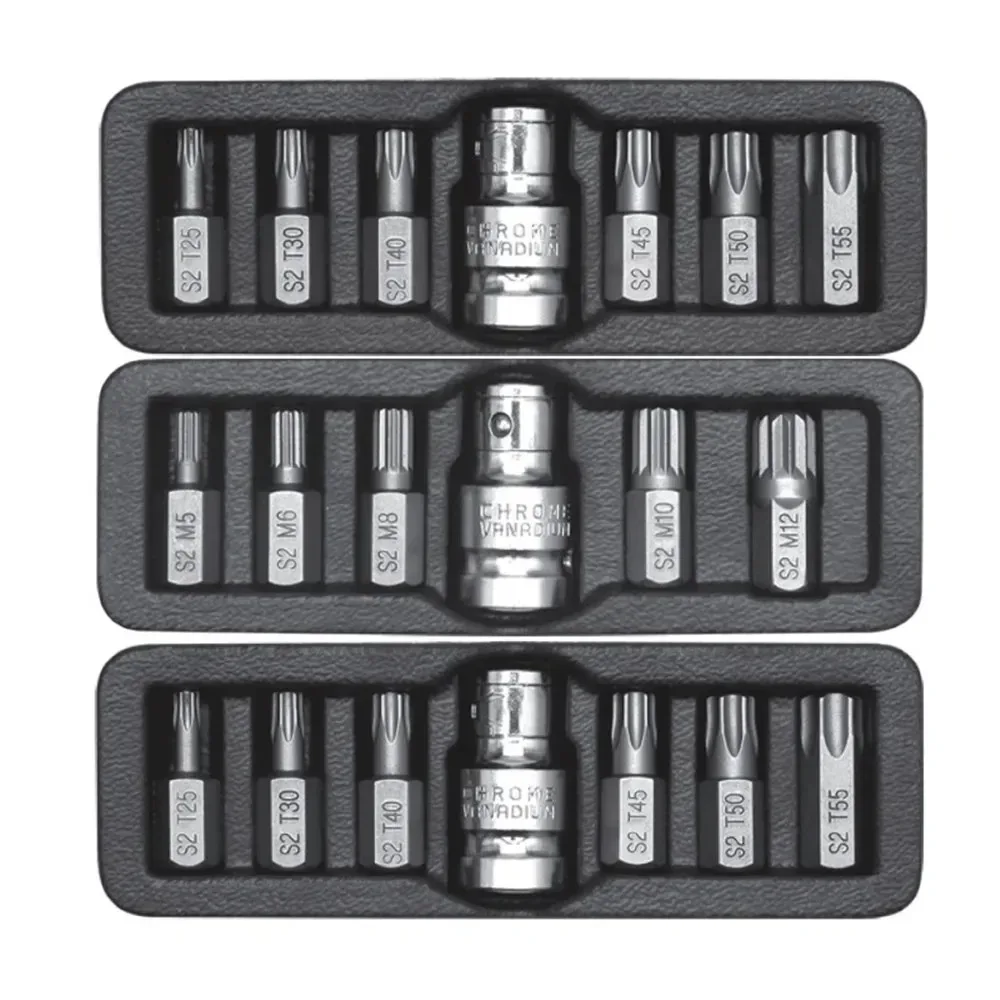 

3/8" Inch 10mm Screwdriver Bit Set with 1/2" Conversion Sleeve for Spline Torx Hex Twelve Pointed Star Shaped Spline RIBE L30mm