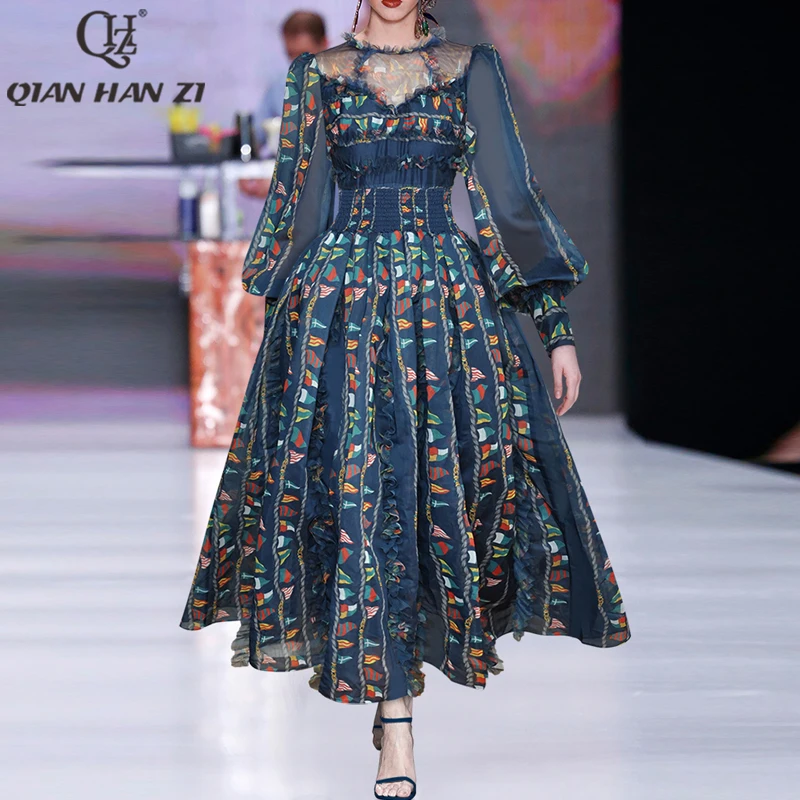 

QHZ Designer Fashion Runway Maxi Dress summer for women Lantern sleeve vintage ruffles pattern print Indie Folk long dress