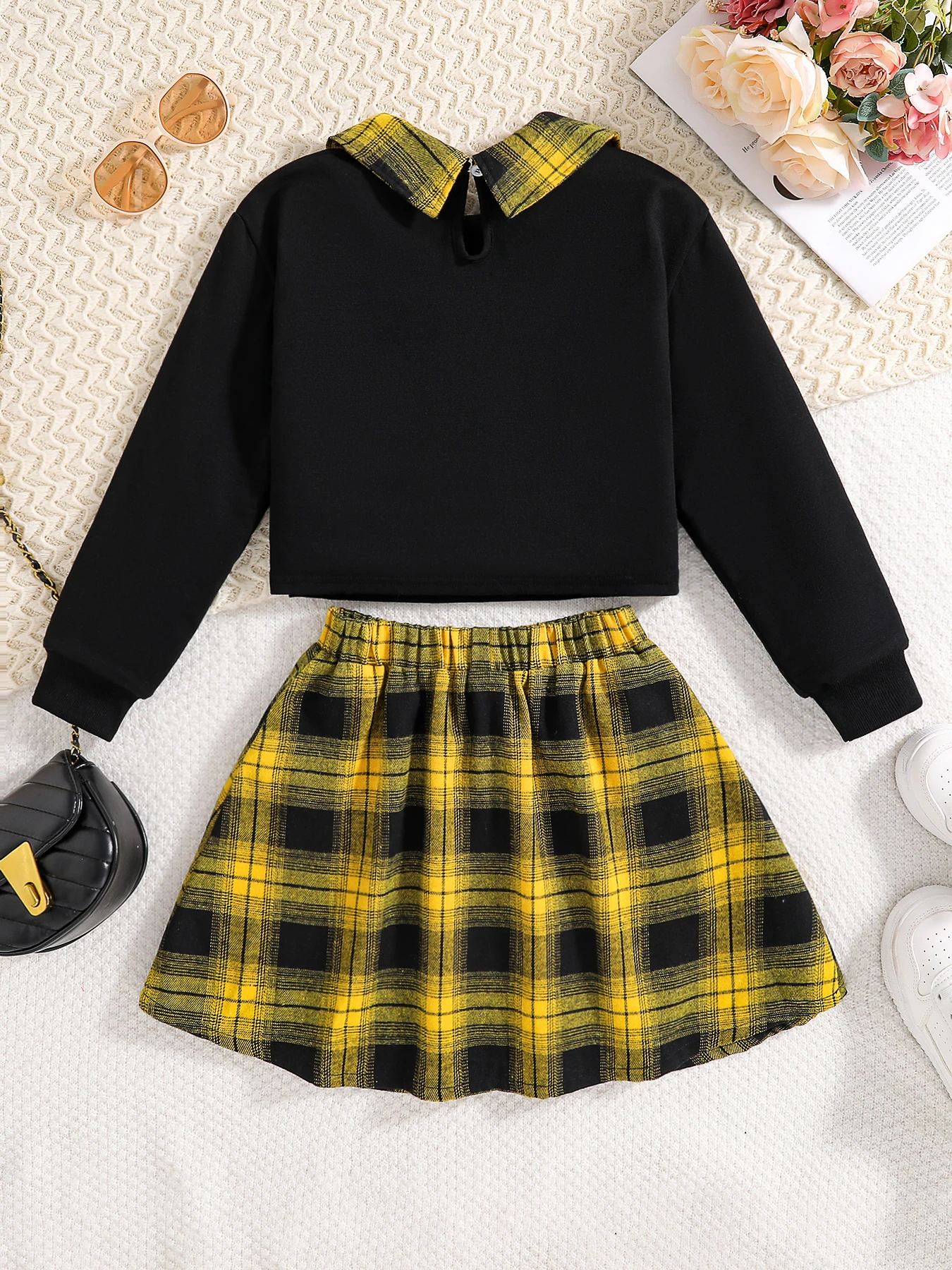 الفتيات أزياء عارضة 2 قطعة مجموعة طية صدر السترة السوداء بأكمام طويلة إلكتروني طباعة قميص منقوشة تنورة ربيع الخريف جديد الفتيات أزياء عارضة 2 قطعة مجموعة طية صدر السترة السوداء بأكمام طويلة إلكتروني طباعة قميص منقوشة تنورة ربيع الخريف جديد